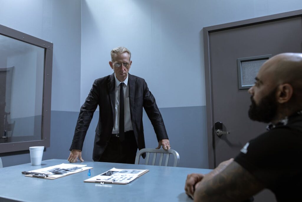 Man in Black Suit Standing Near Blue Table