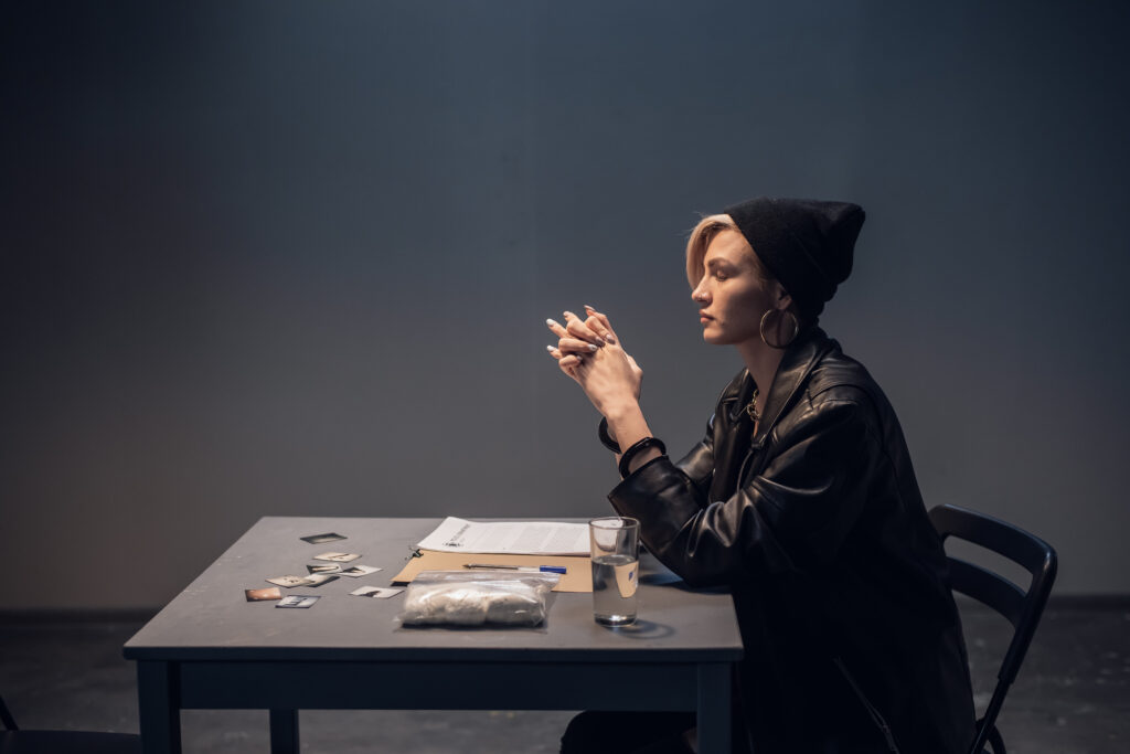 A girl detained on the street with a bundle of drugs is waiting for questioning at the police station.